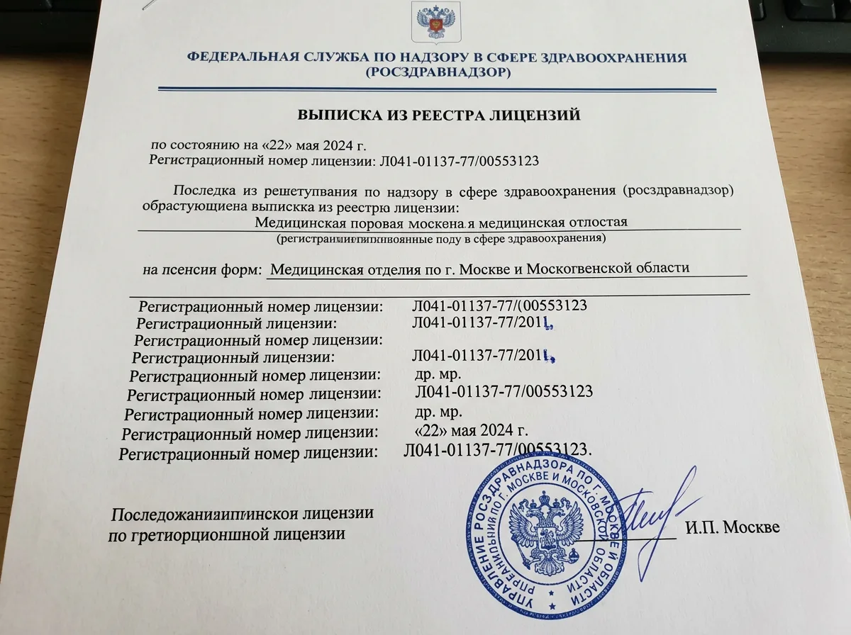 Скан выписки из реестра лицензий Росздравнадзора на осуществление медицинской деятельности — страница 1, официальный бланк, синяя печать