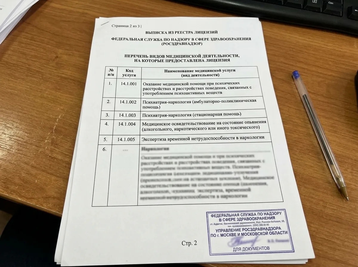 Выписка из реестра лицензий Росздравнадзора — страница 2, перечень видов разрешённой медицинской деятельности, наркология