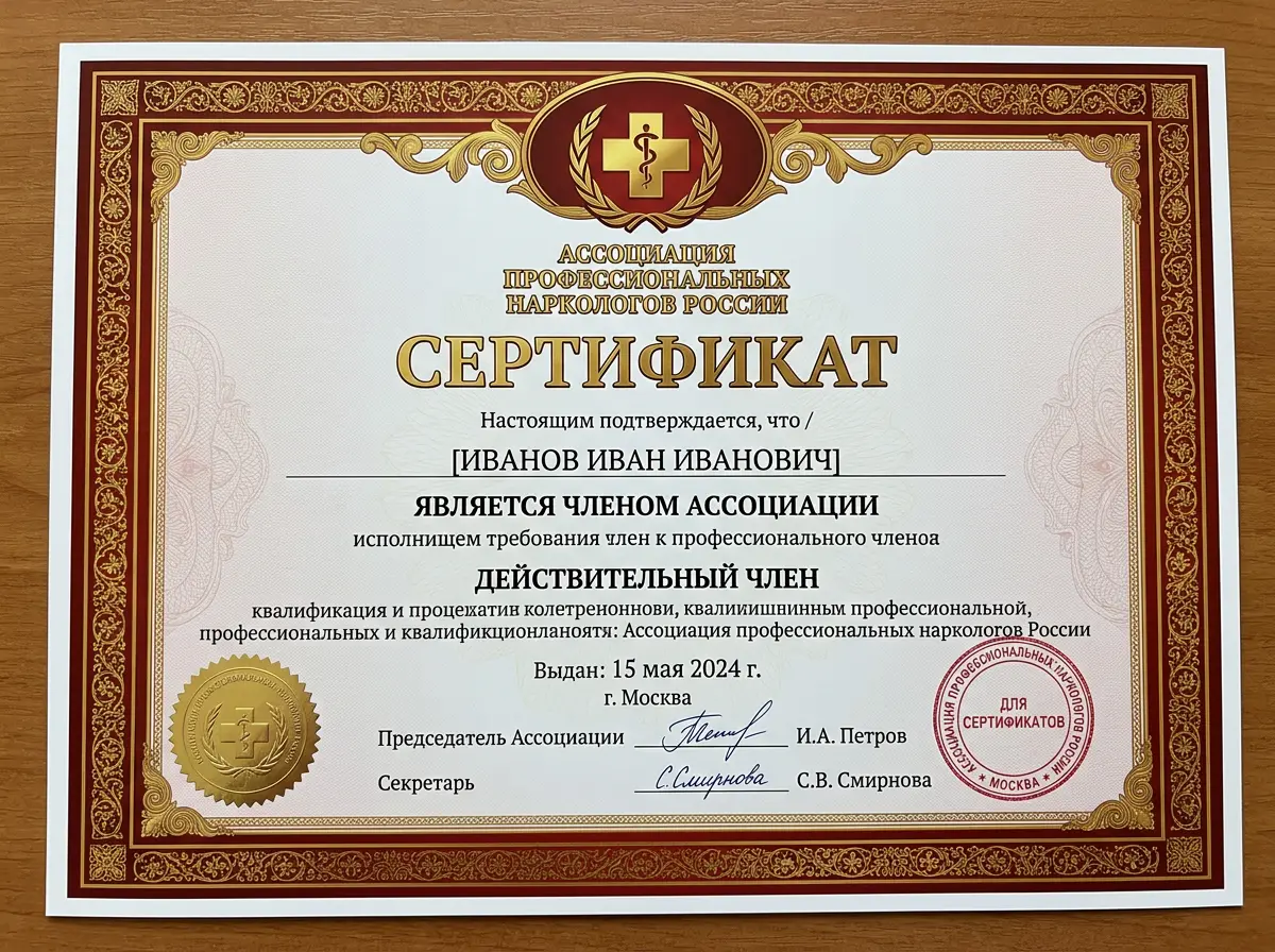 Сертификат Ассоциации профессиональных наркологов России — красно-золотой официальный бланк, подписи и печати, 2024 год