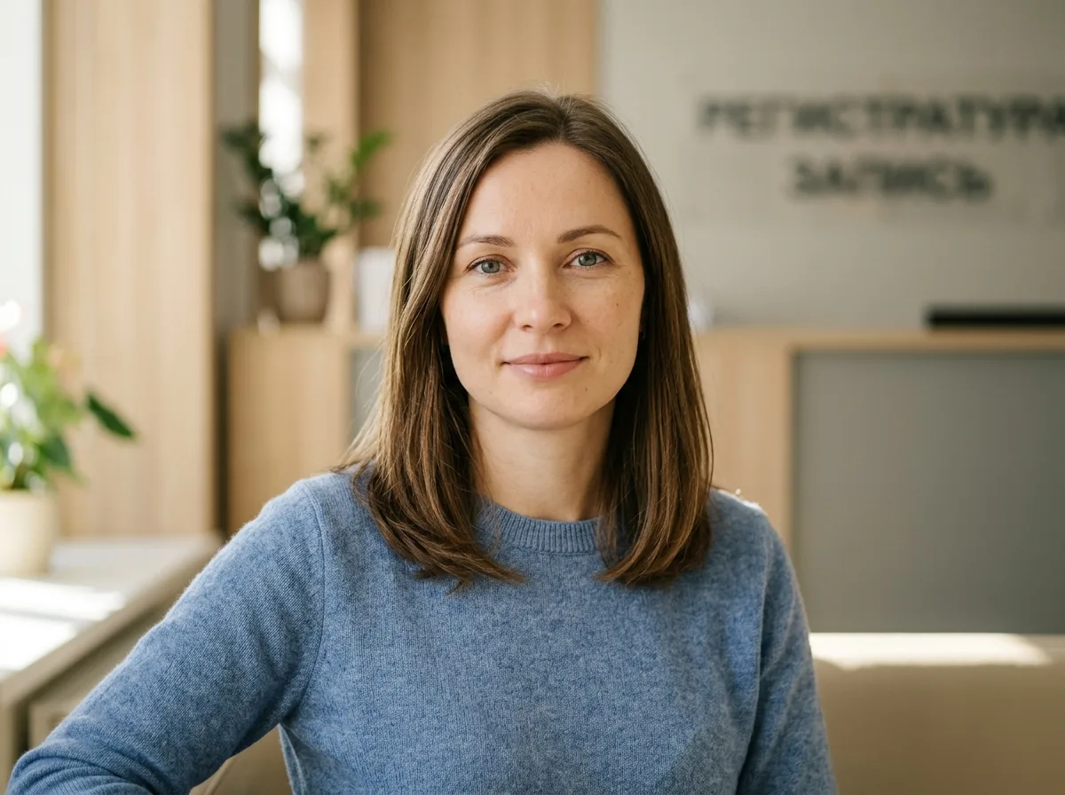 Аватар пациентки Анастасии — женщина около 35 лет, спокойное выражение лица, нейтральный фон